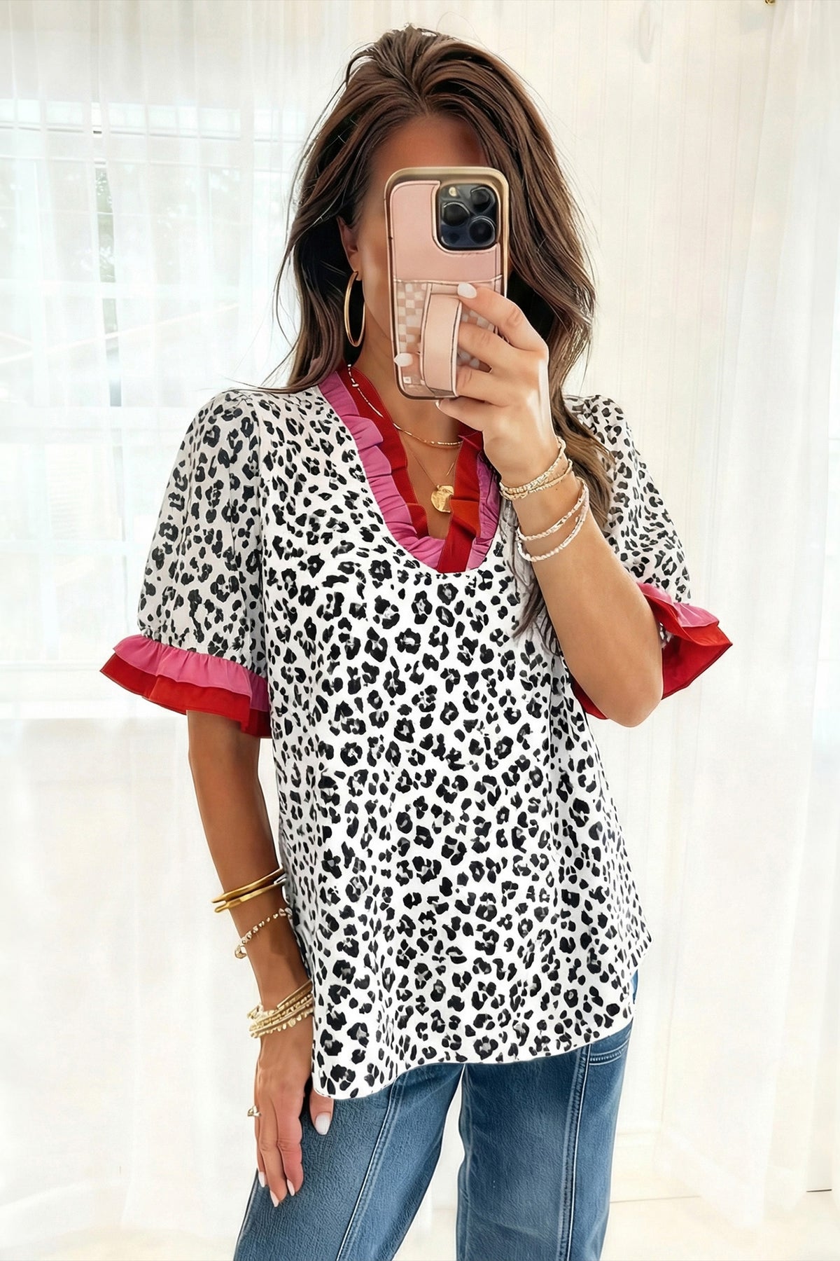 Leopard Print Short Sleeve Blouse