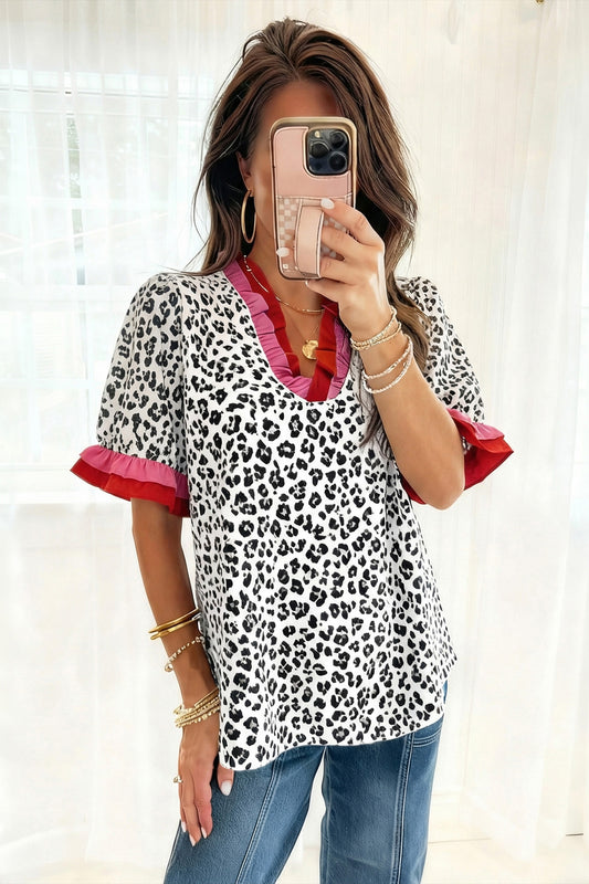 Leopard Print Short Sleeve Blouse