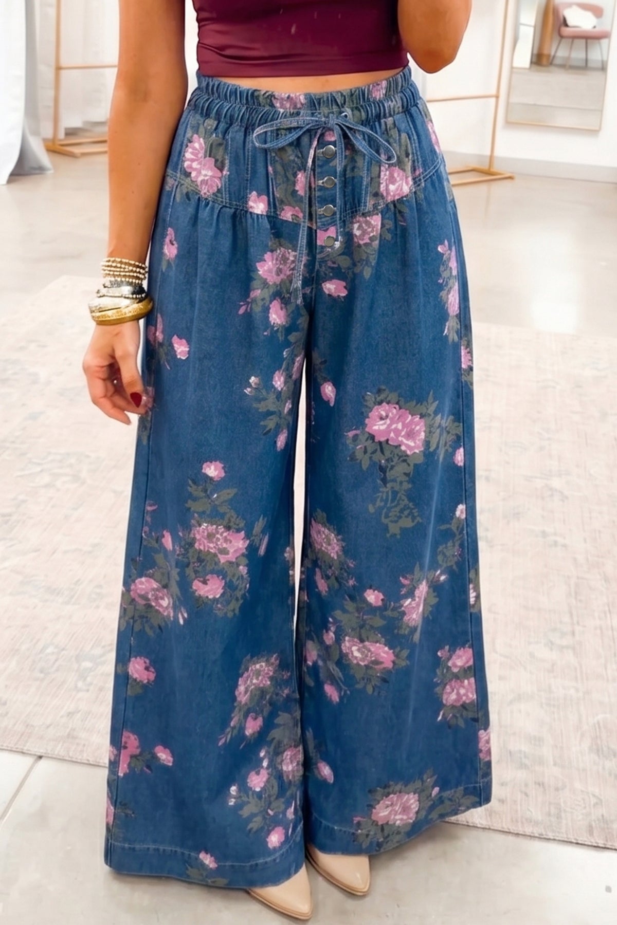Floral Print Pintuck Wide Leg Pants