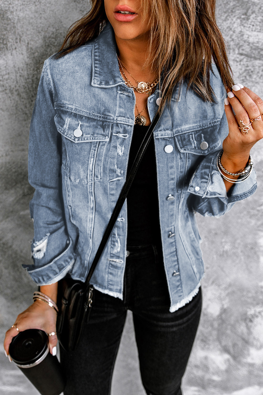 Sky Blue Distressed Denim Jacket