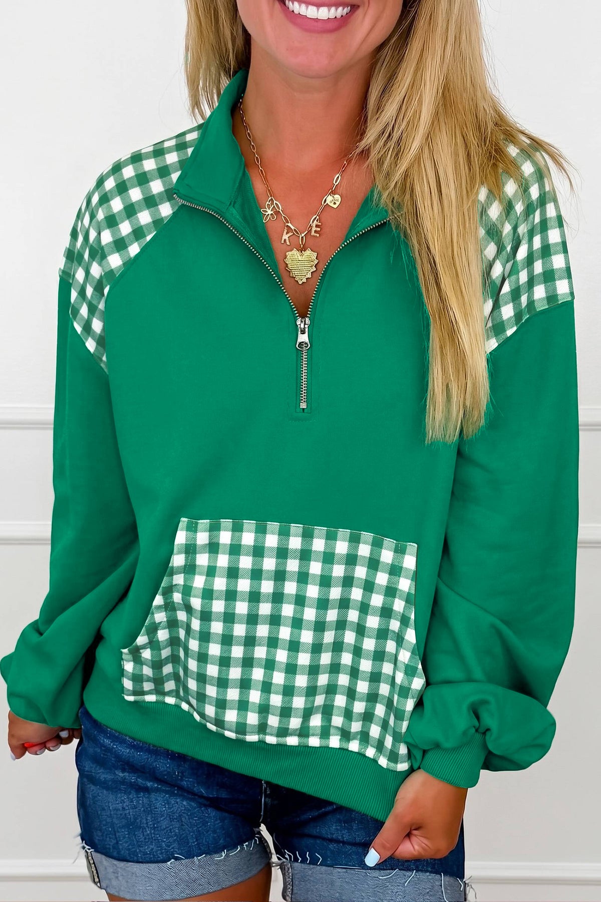 Plaid Pocket Quarter Zip Sweatshirt