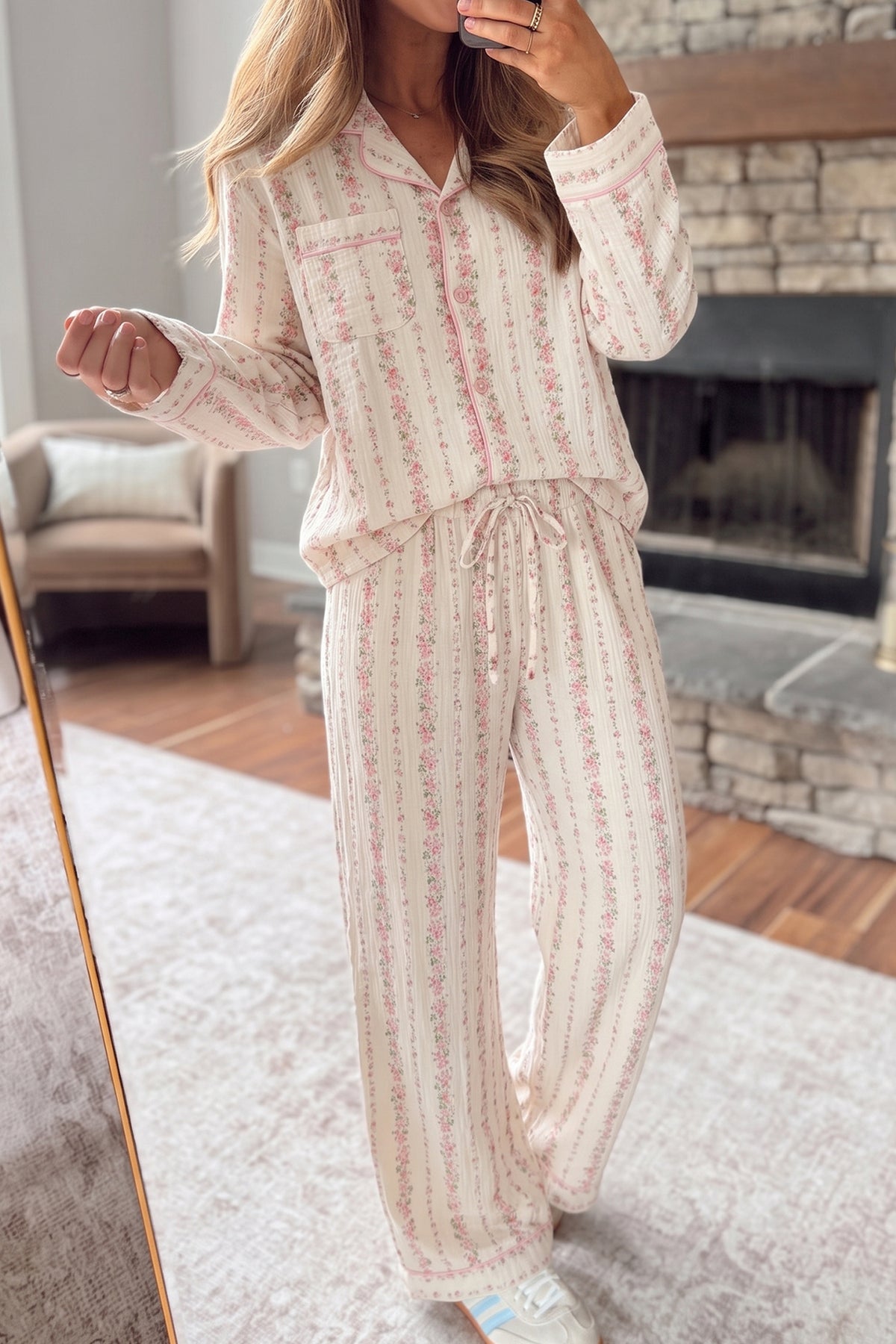 Floral Print Shirt Pajama Pant Set