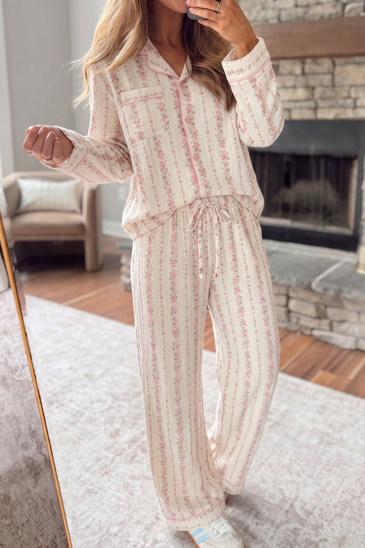Floral Print Shirt Pajama Pant Set