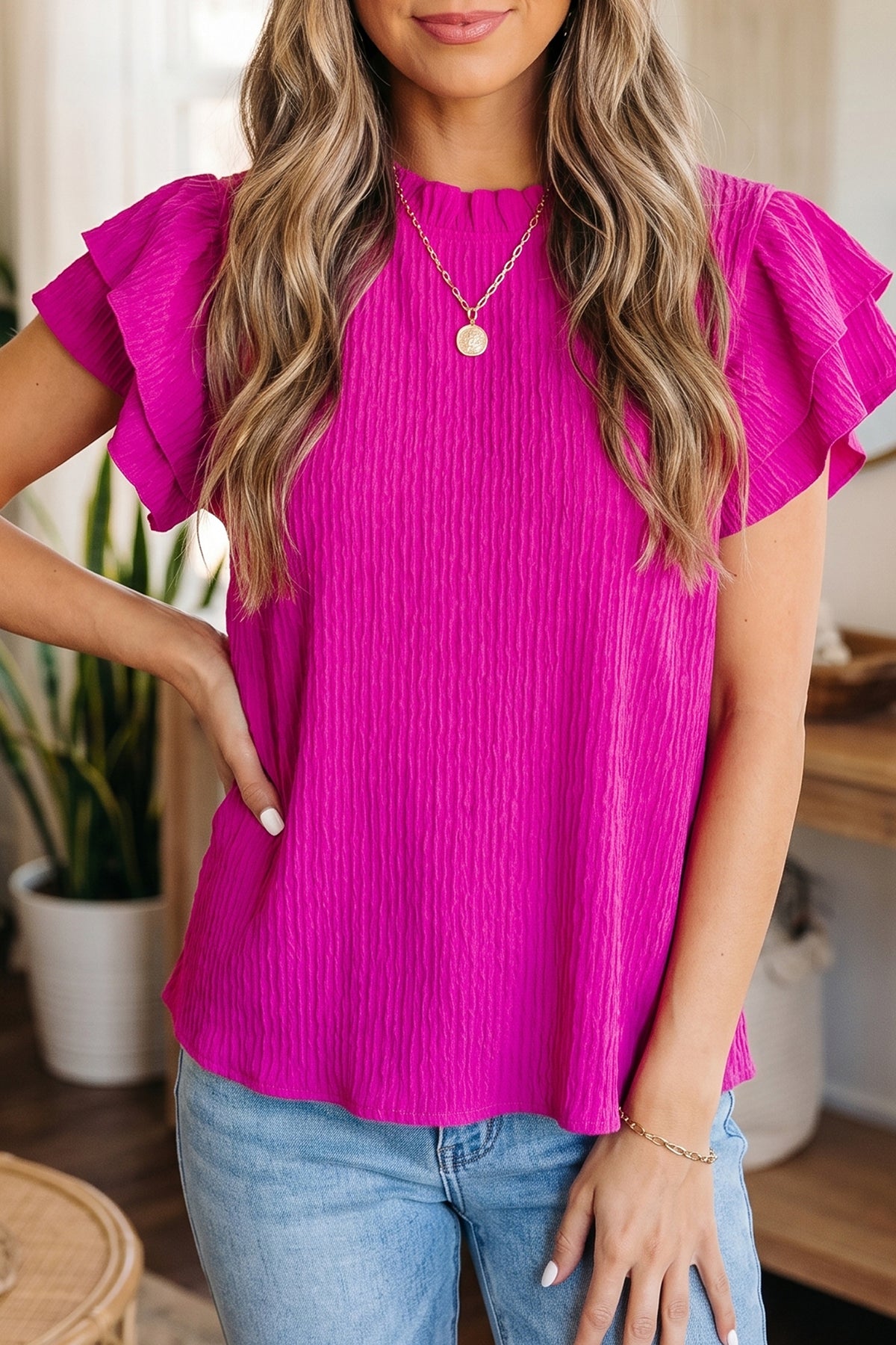 Rose Red Short Sleeve Blouse
