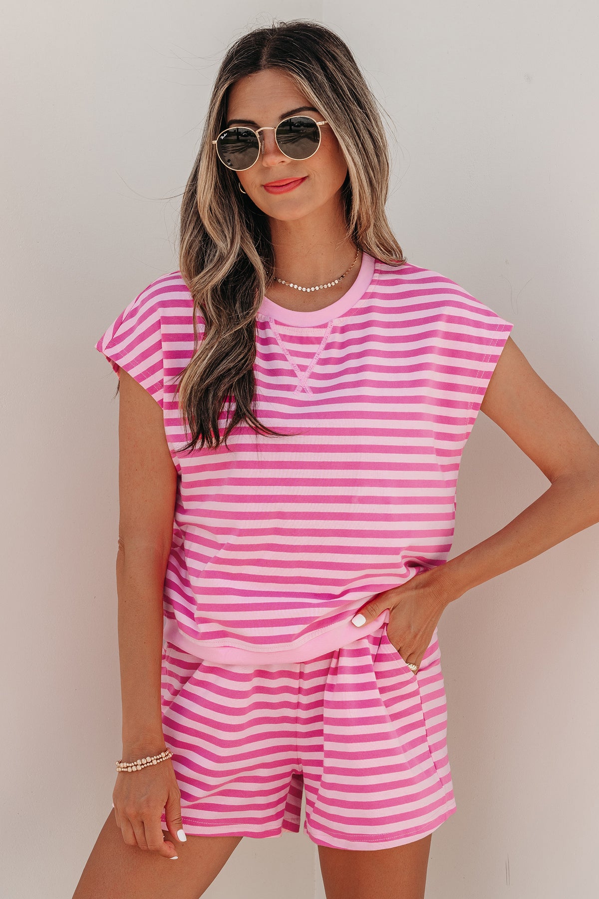 Pink Stripe Tee w/Shorts Outfit