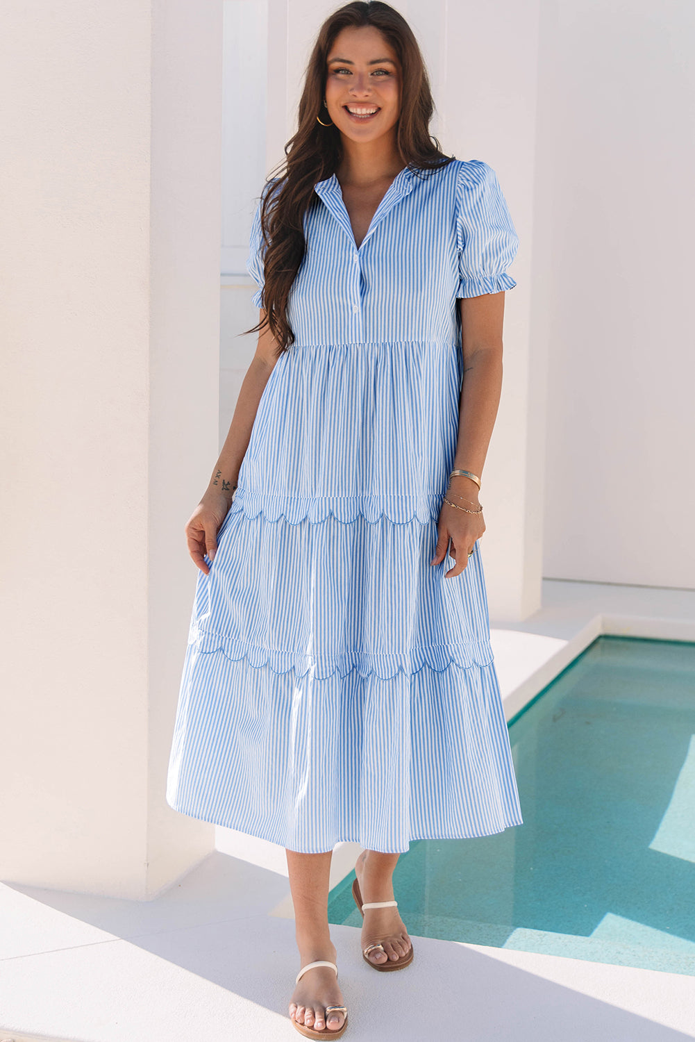 Blue Stripe Short Sleeve Dress