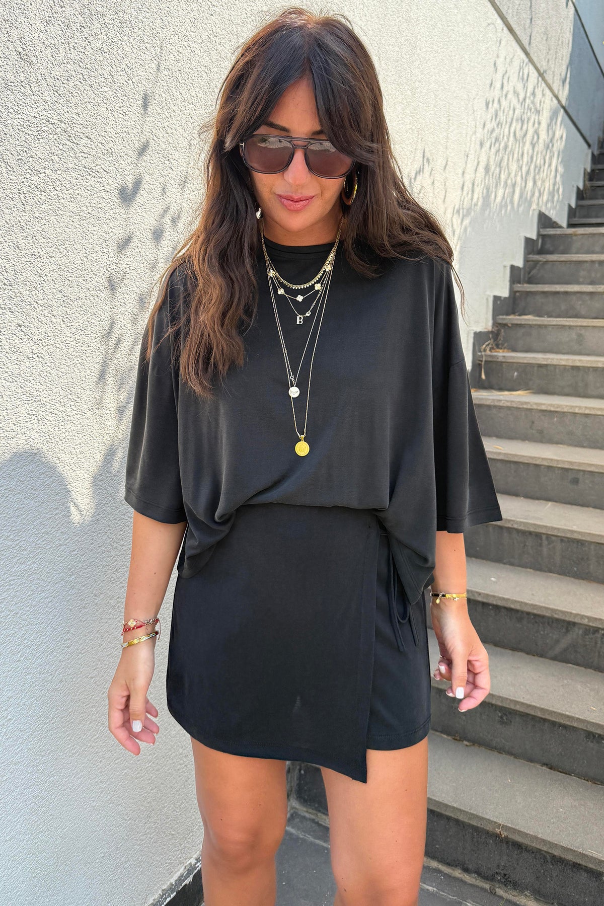 Black Oversize Tee Tie Wrap w/ Mini Skort Set