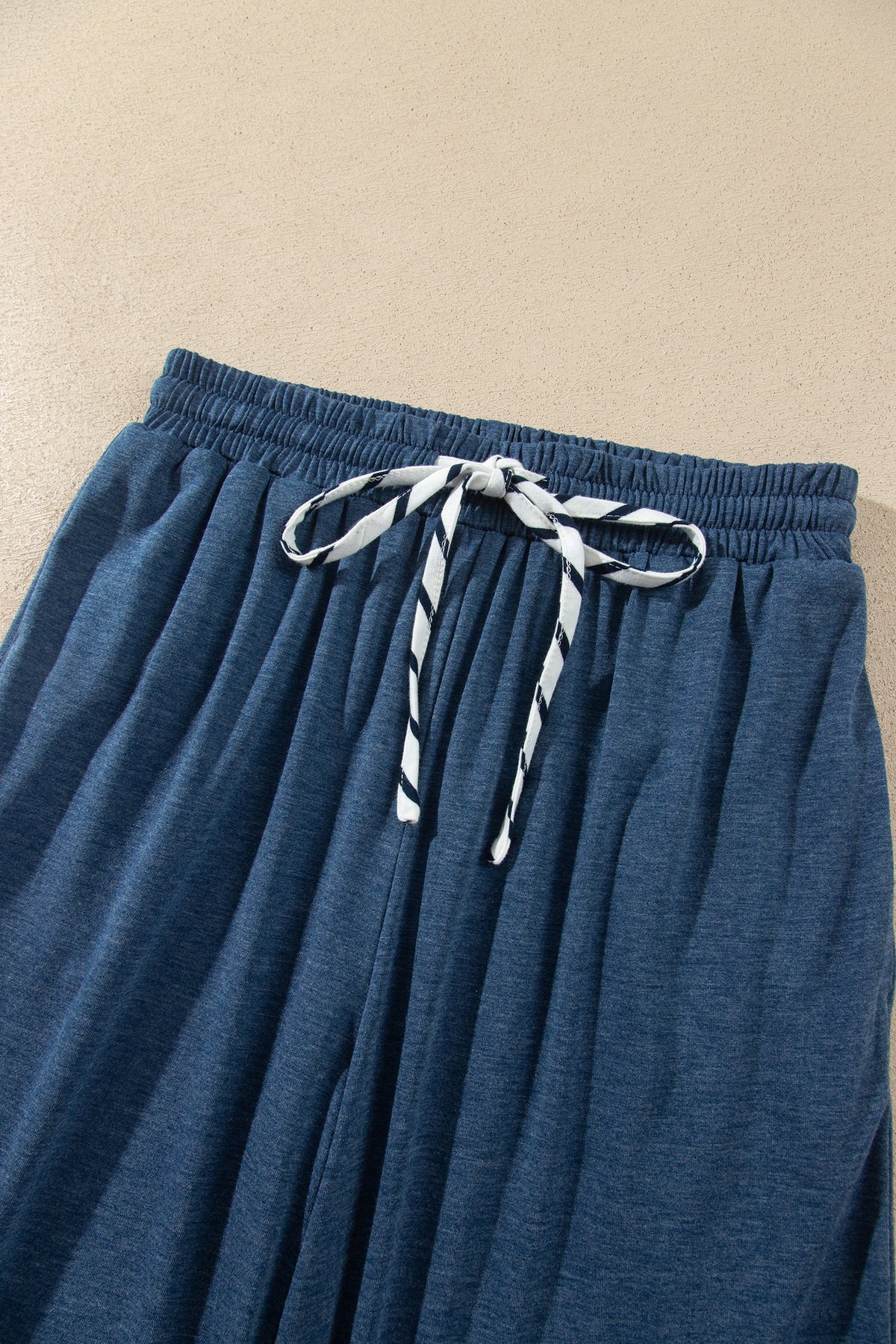 Blue Stripe V Neck Ruffle Contrast Sleeve Top Drawstring Pants 2pcs Set