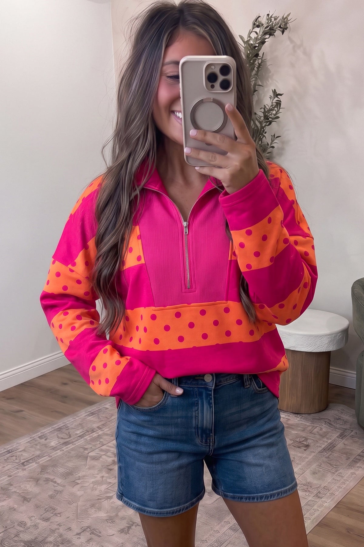 Polka Dot Quarter Zip Long Sleeve Top