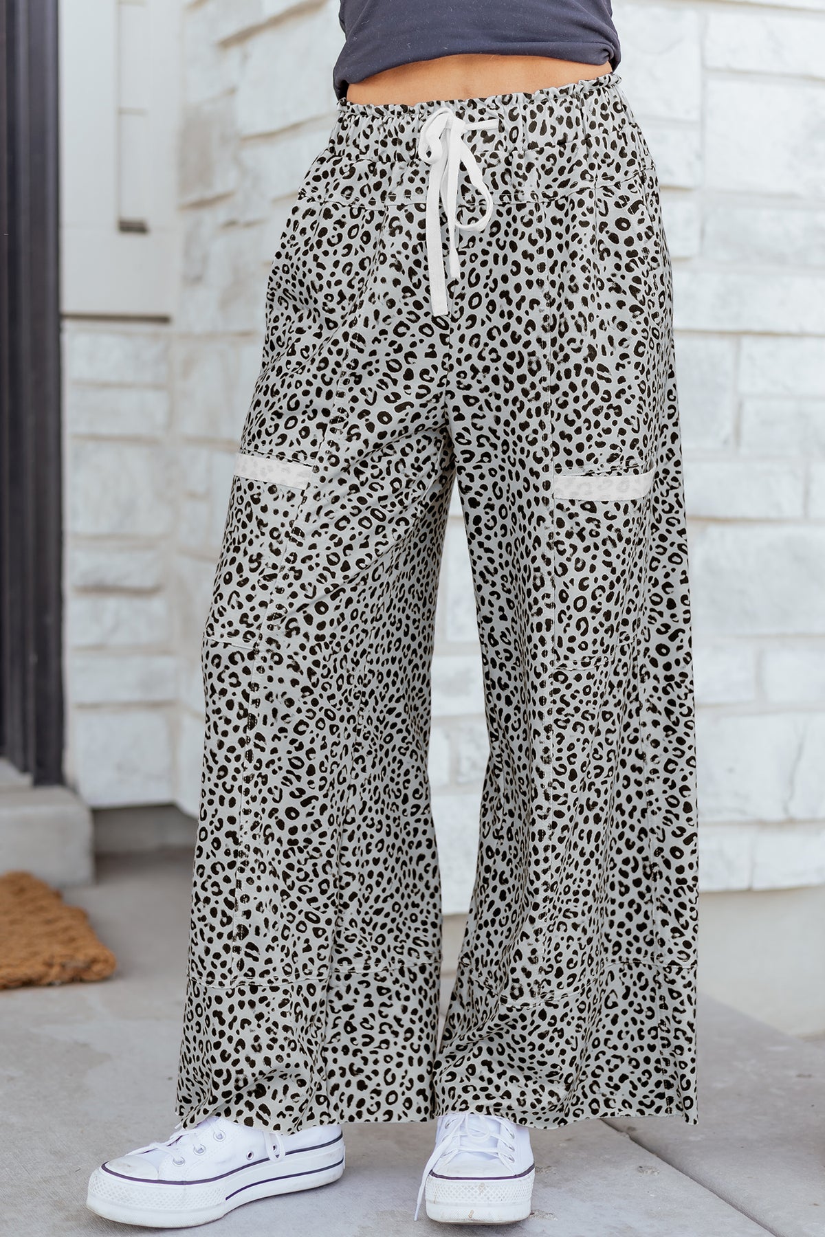 Leopard Print Wide Leg Terry Knit Pants