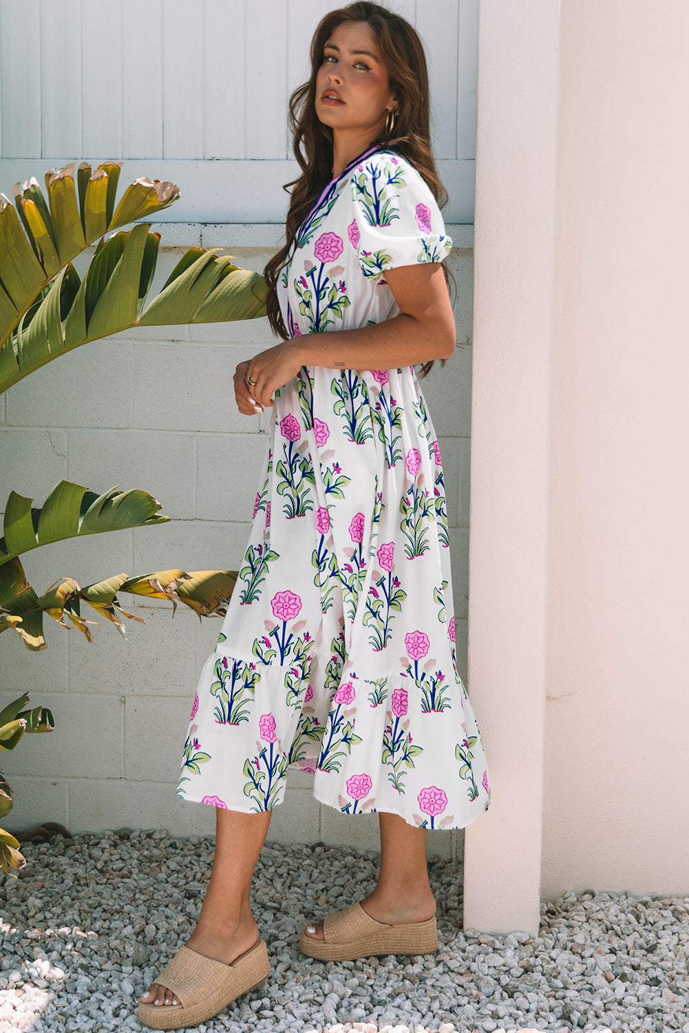 Floral Puff Short Sleeve Maxi Dress