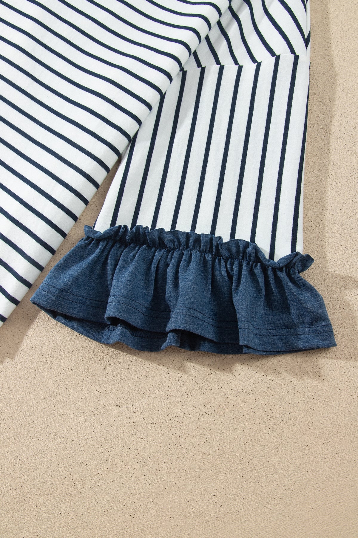Blue Stripe V Neck Ruffle Contrast Sleeve Top Drawstring Pants 2pcs Set