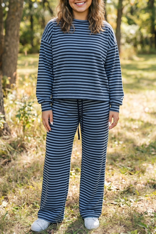 Blue Stripe Long Sleeve Plus Size Lounge Set