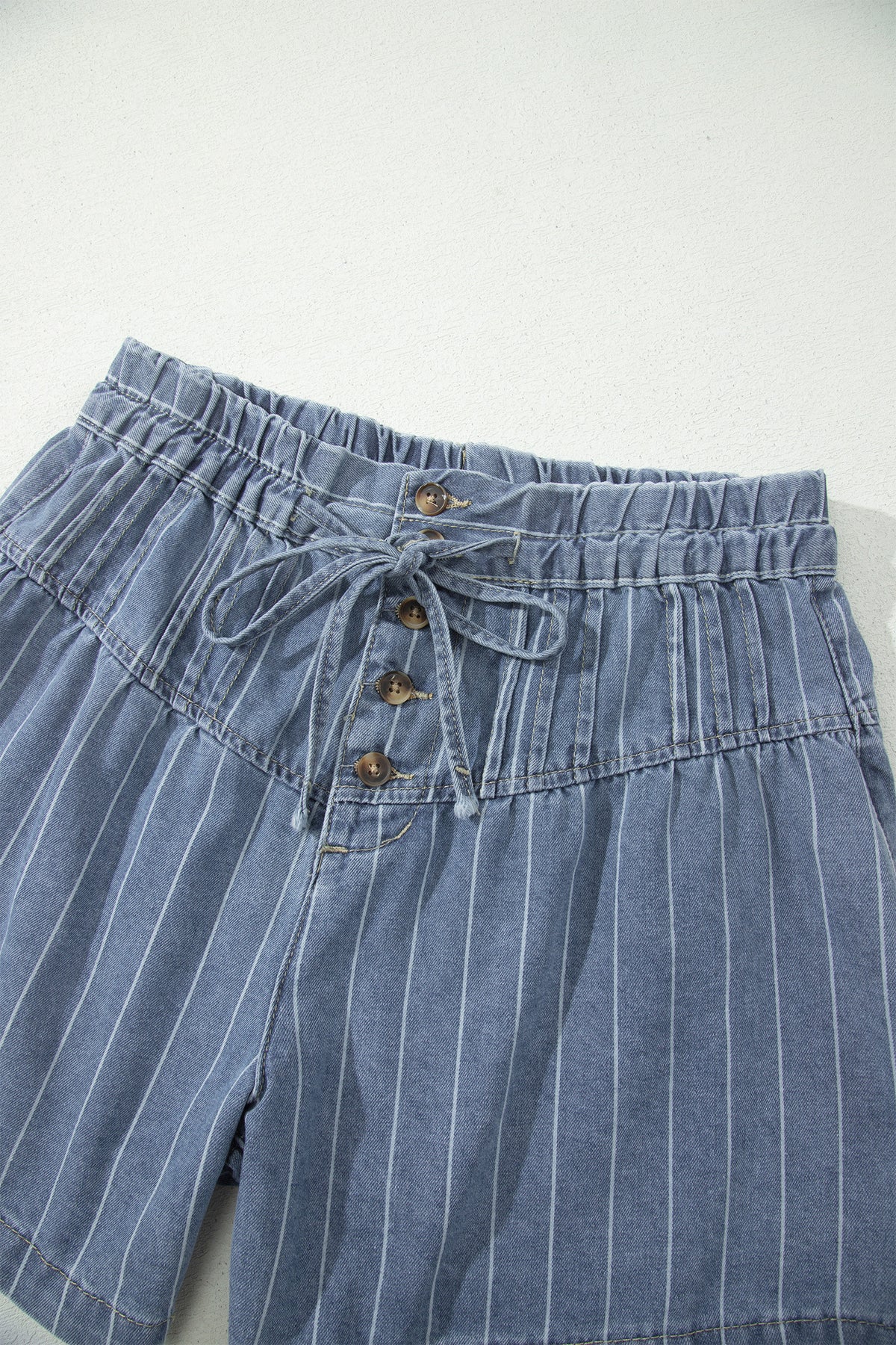 Striped Button Pleated Denim Shorts