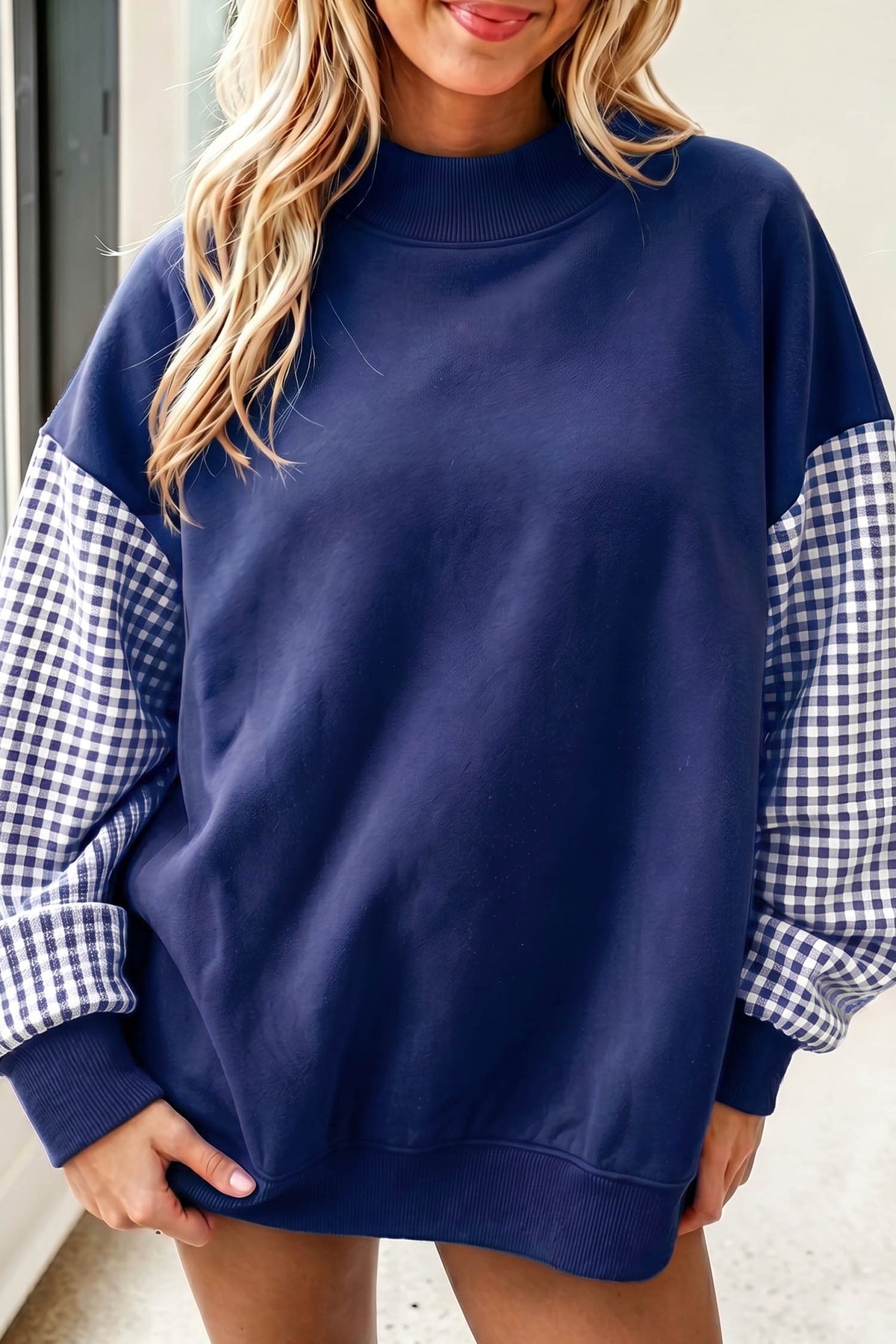 Plaid Sleeve Loose Tunic Sweatshirt