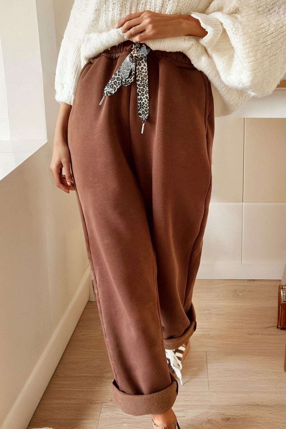 Fleece Lined Leopard Drawstring Pants