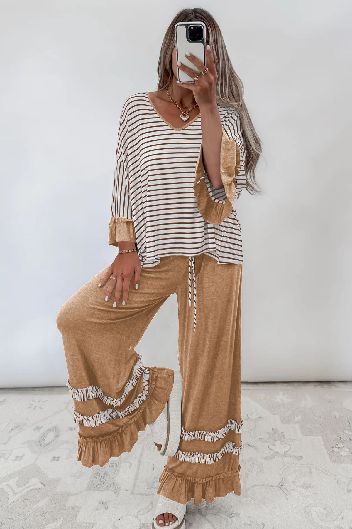 Stripe Ruffle Sleeve Top w/ Pants Set