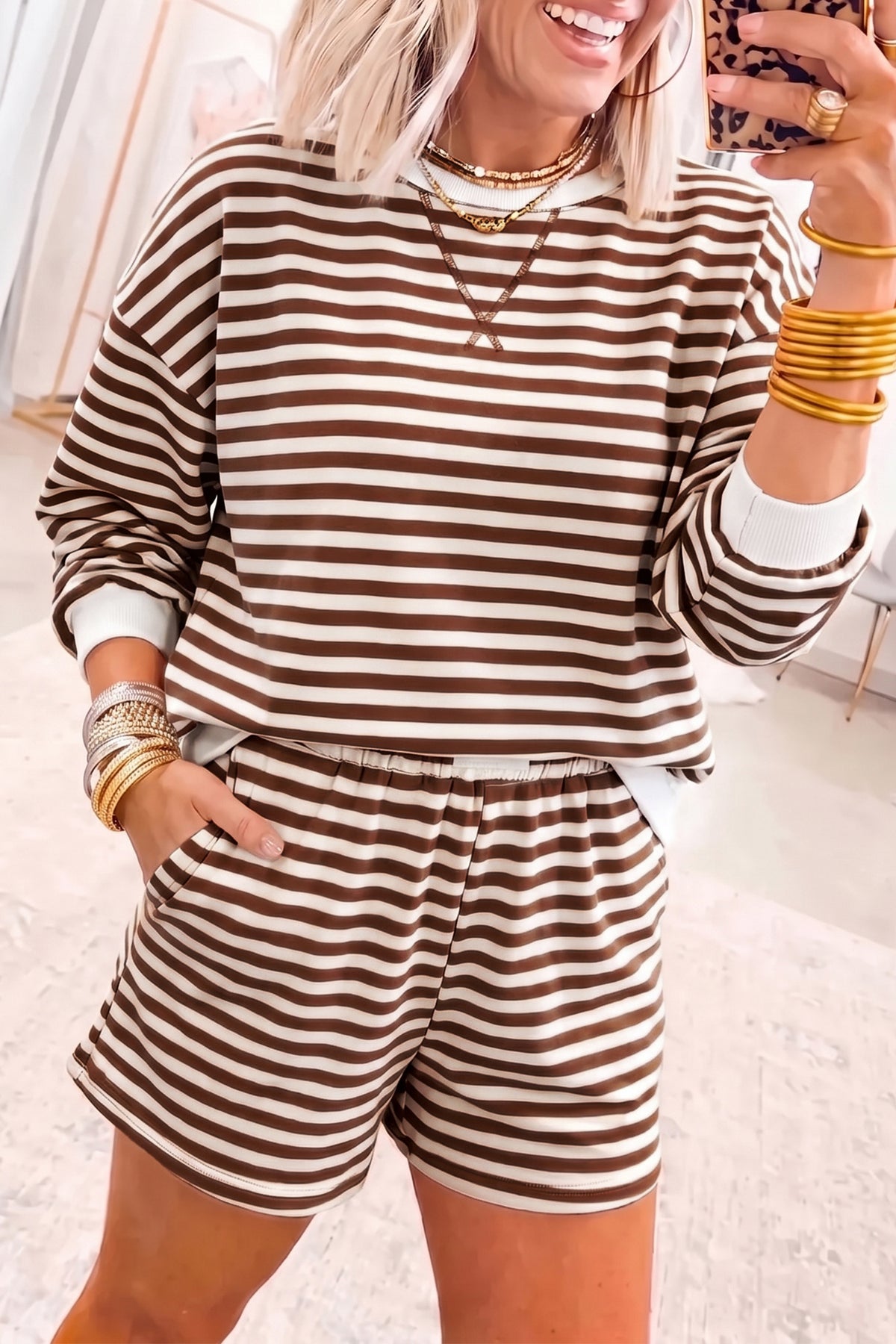 Drop Shoulder Long Sleeve Pullover w/Short Set