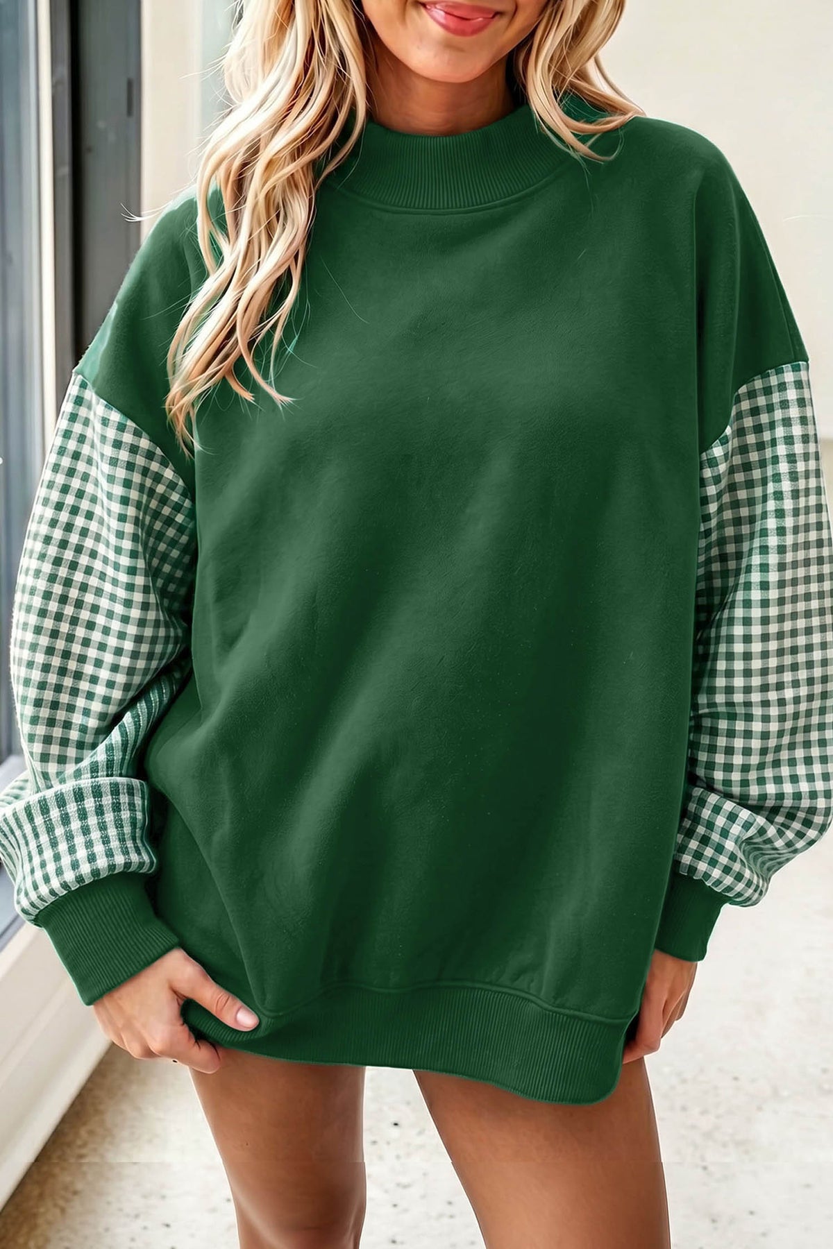 Plaid Sleeve Loose Tunic Sweatshirt