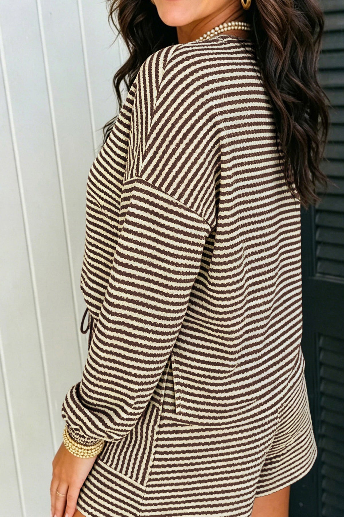 Brown Stripe Long Sleeve Top w/ Shorts