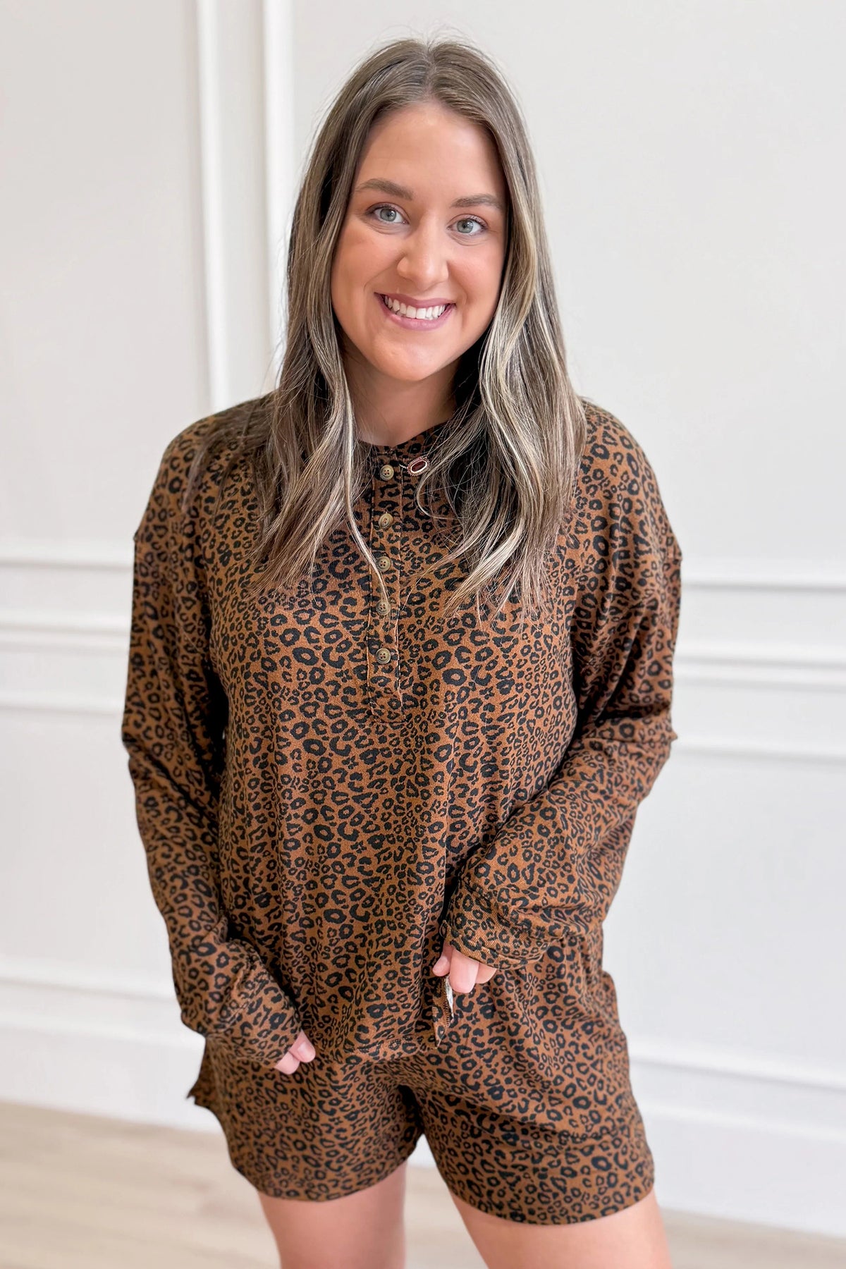 Leopard Print Henley Top w/Shorts Set