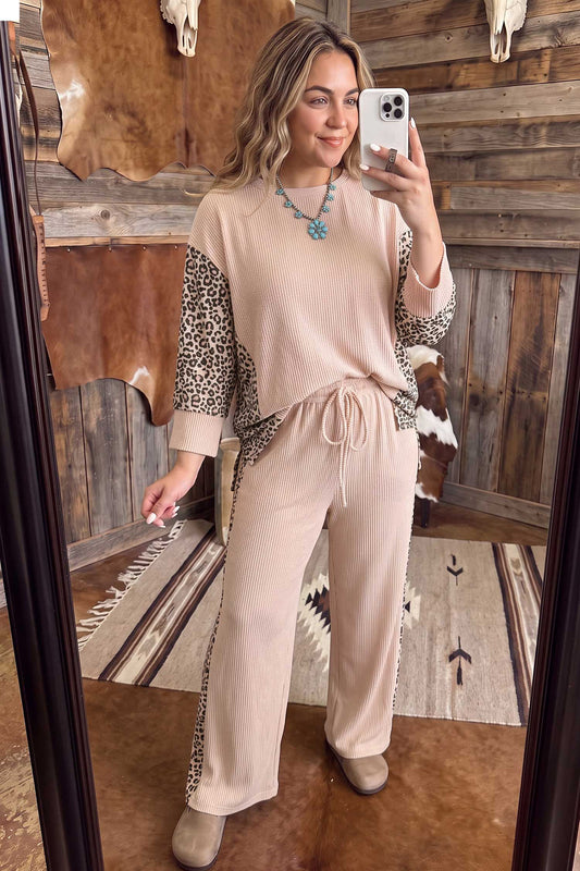 French Leopard Long Sleeve Top w/Plus Size Pants Set