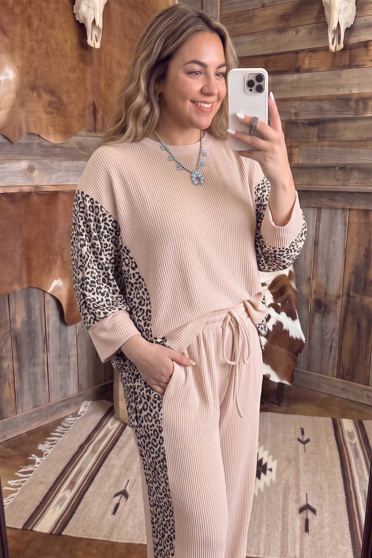 French Leopard Long Sleeve Top w/Plus Size Pants Set