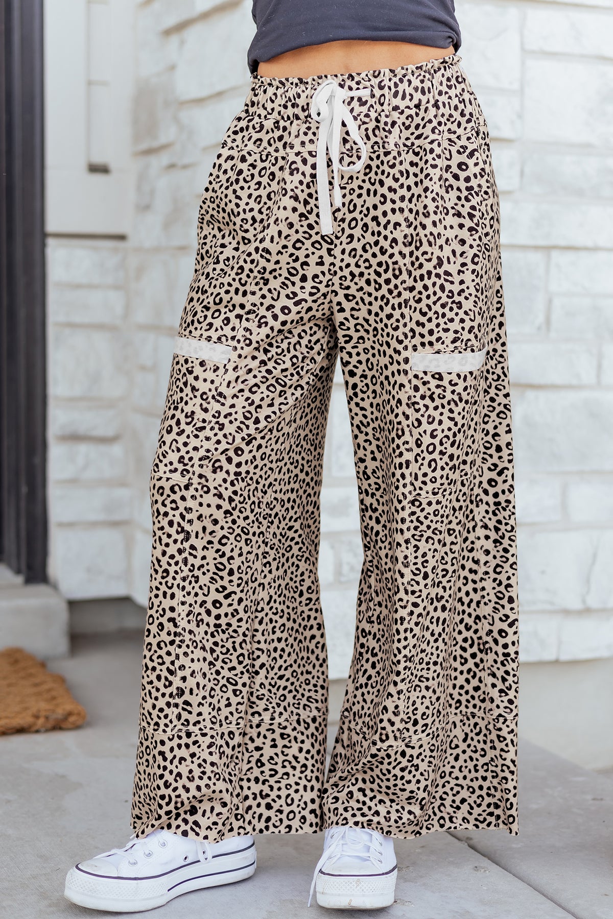 Leopard Print Wide Leg Terry Knit Pants