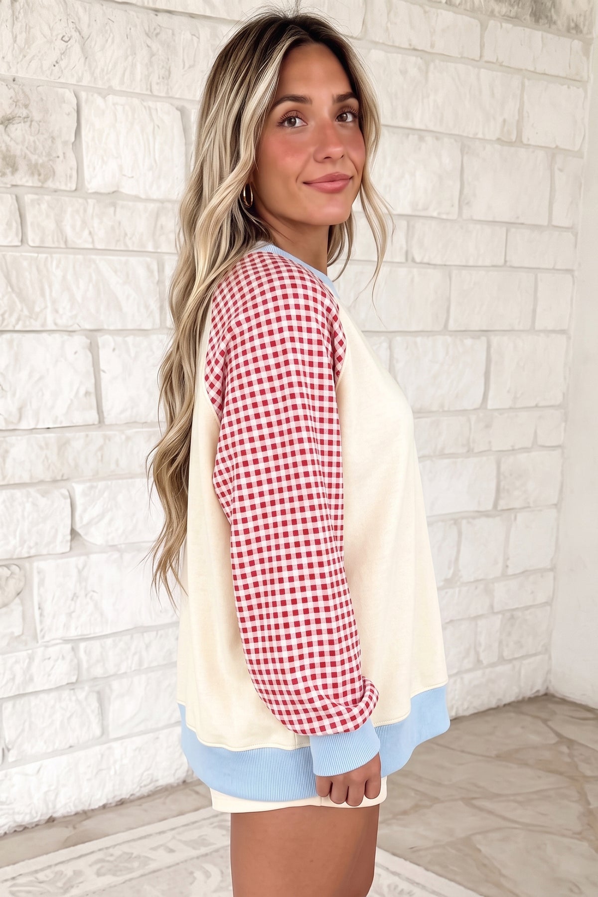 Plaid Sleeve Raglan Pullover Sweatshirt