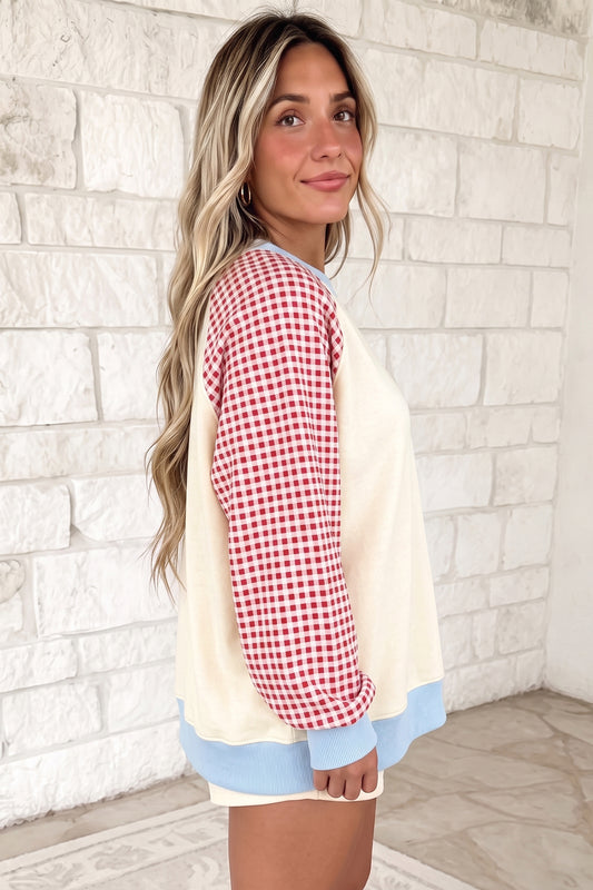 Plaid Sleeve Raglan Pullover Sweatshirt