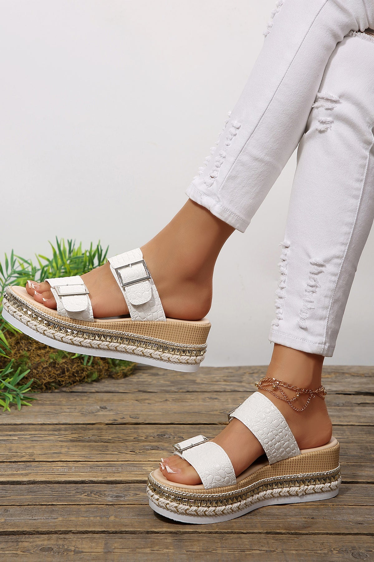 Leather Buckle Wedge Platform Shoes