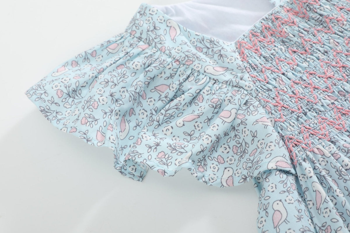 Floral Dove Smocked Flutter Dress
